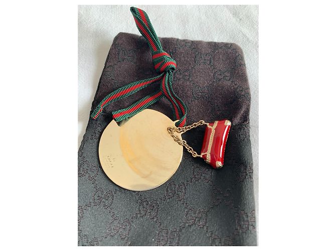 Gucci Taschenanhänger aus Leinen und Goldmetall Rot Grün Golden Dunkelgrün - Ansicht 7