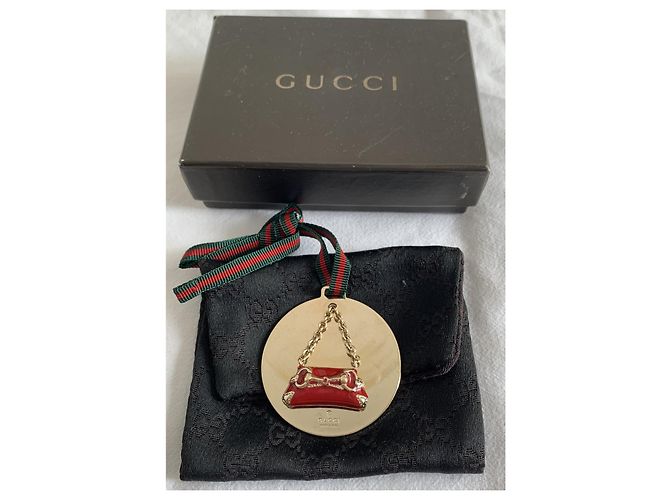 Gucci Taschenanhänger aus Leinen und Goldmetall Rot Grün Golden Dunkelgrün - Ansicht 8