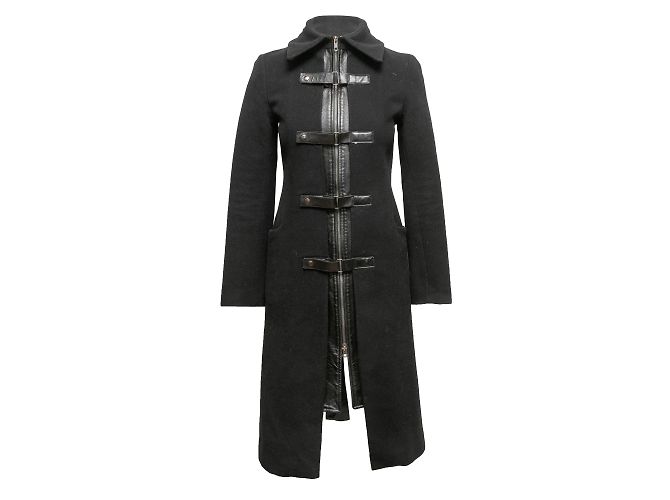 Schwarzer langer Mantel aus Mackage-Wolle mit Lederbesatz, Größe US XS - Ansicht 2