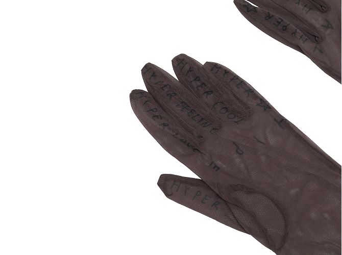 Braune und mehrfarbige Walter Van Beirendonck Netz-Tattoo-Handschuhe, Größe US L - Ansicht 2