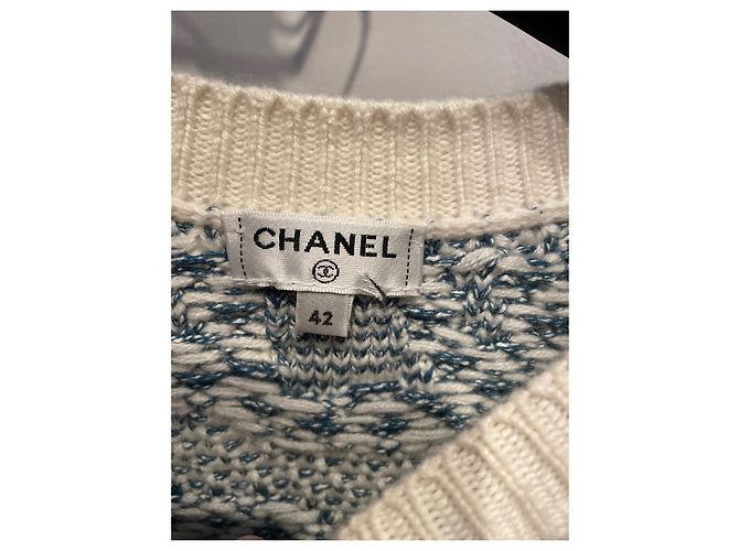 Chanel Cocomark Pullover Weiß Blau Baumwolle Kaschmir 42 - Ansicht 3