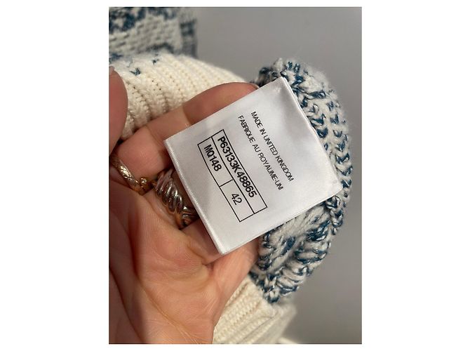 Chanel Cocomark Pullover Weiß Blau Baumwolle Kaschmir 42 - Ansicht 5