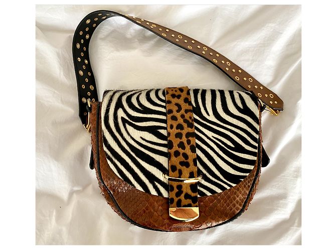 Bolso Delphine Delafon Patchwork de Piel Marrón Cocodrilo Cebra Leopardo - vista 3