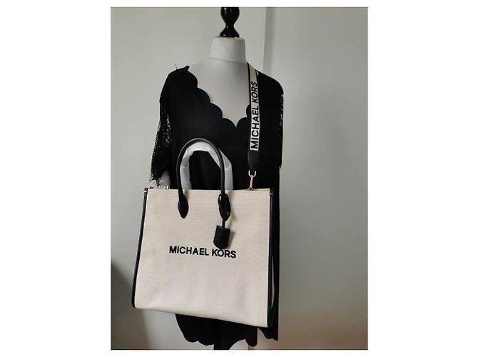 Borsa Tote Michael Kors Nera Beige Crema in Tela Nero Crudo - vista 5