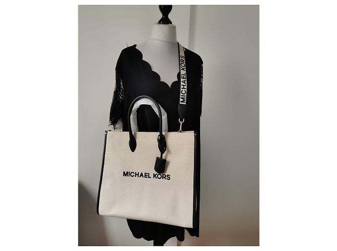 Borsa Tote Michael Kors Nera Beige Crema in Tela Nero Crudo - vista 6