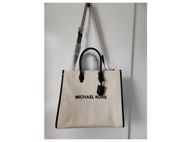 Borsa Tote Michael Kors Nera Beige Crema in Tela Nero Crudo - vista 7