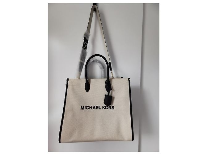 Borsa Tote Michael Kors Nera Beige Crema in Tela Nero Crudo - vista 8