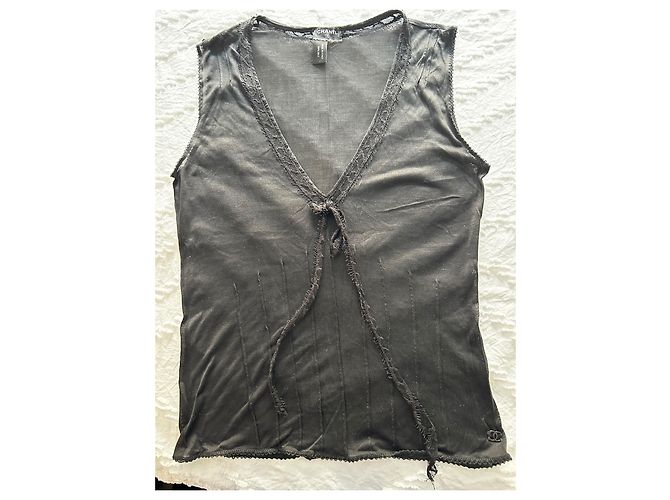 Cambon Camiseta sem mangas Chanel preta de seda com decote em V Preto - vista 3