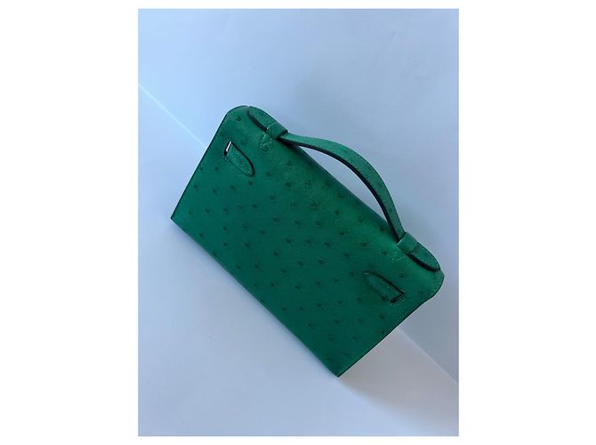 Hermès Kelly Pochette Vert Verone Strauß Gold Hardware Grün - Ansicht 11