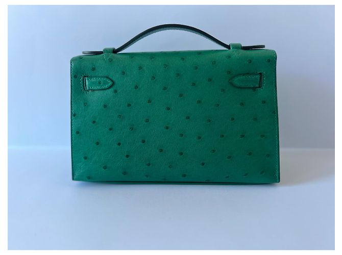 Hermès Kelly Pochette Vert Verone Strauß Gold Hardware Grün - Ansicht 12