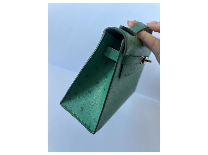 Hermès Kelly Pochette Vert Verone Strauß Gold Hardware Grün - Ansicht 15