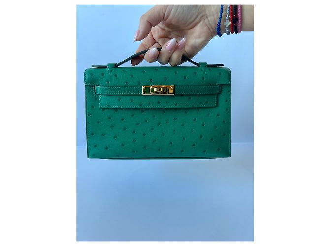 Hermès Kelly Pochette Vert Verone Strauß Gold Hardware Grün - Ansicht 17
