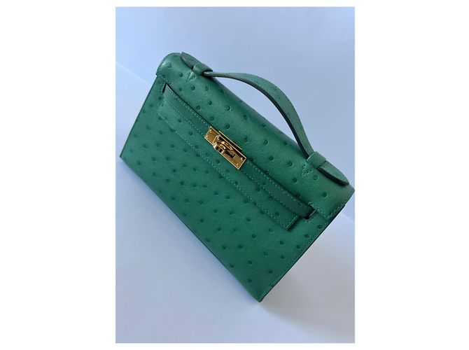 Hermès Kelly Pochette Vert Verone Strauß Gold Hardware Grün - Ansicht 9