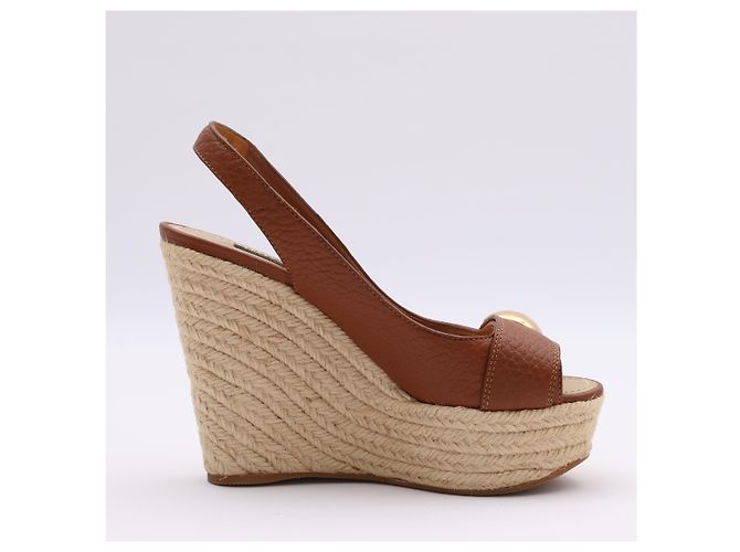 Sandali slingback espadrillas con zeppa in pelle marrone Louis Vuitton Taglia 37 - vista 10