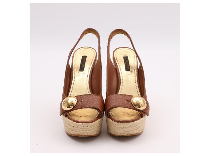 Sandali slingback espadrillas con zeppa in pelle marrone Louis Vuitton Taglia 37 - vista 12