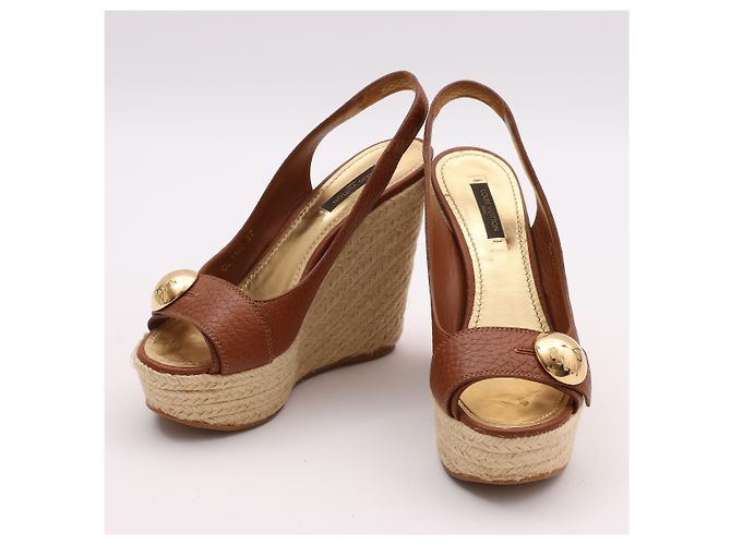 Sandali slingback espadrillas con zeppa in pelle marrone Louis Vuitton Taglia 37 - vista 14