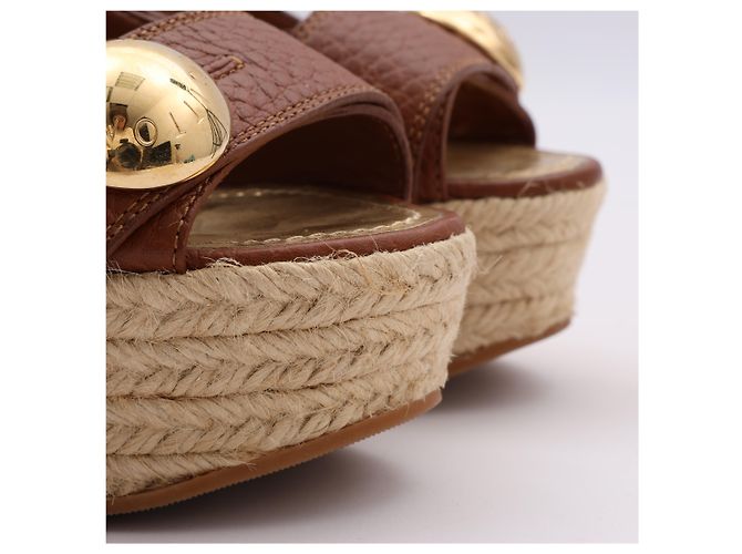 Sandali slingback espadrillas con zeppa in pelle marrone Louis Vuitton Taglia 37 - vista 7
