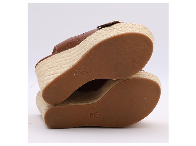 Sandali slingback espadrillas con zeppa in pelle marrone Louis Vuitton Taglia 37 - vista 8
