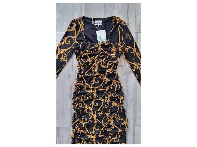 Vestido largo de malla estampada en negro de Ganni Naranja - vista 2