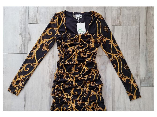 Vestido largo de malla estampada en negro de Ganni Naranja - vista 3