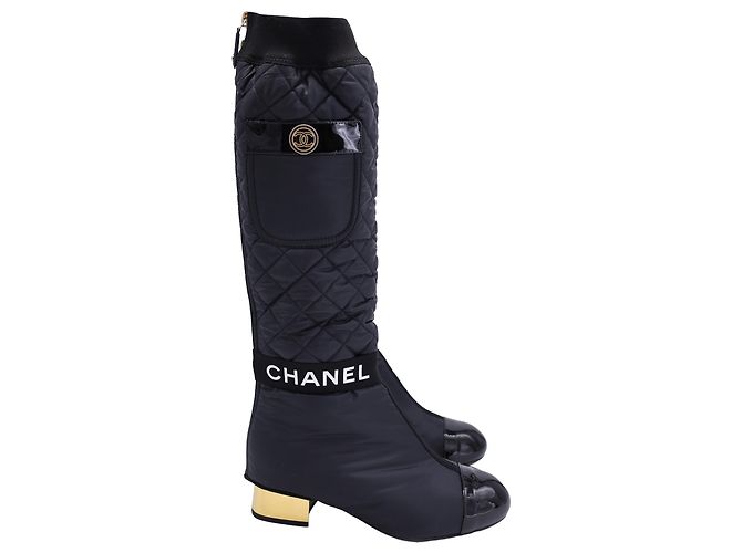 Chanel 2 inch 1 Botas intertravadas CC até o joelho em nylon preto - vista 10