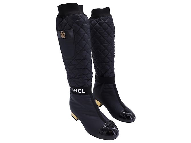 Chanel 2 inch 1 Botas intertravadas CC até o joelho em nylon preto - vista 2