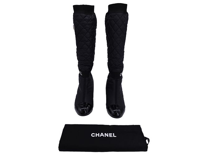 Chanel 2 inch 1 Botas intertravadas CC até o joelho em nylon preto - vista 9