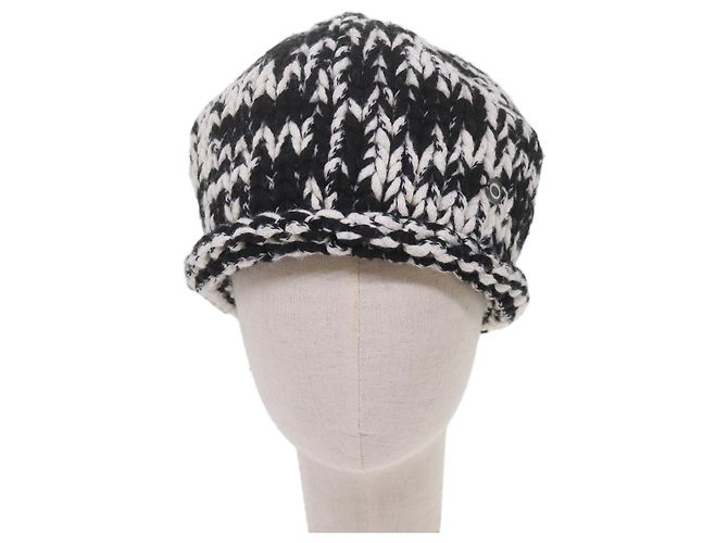 CHANEL COCO Mark Strickstoff Mütze Wolle Schwarz Weiß CC Auth am5382 - Ansicht 2