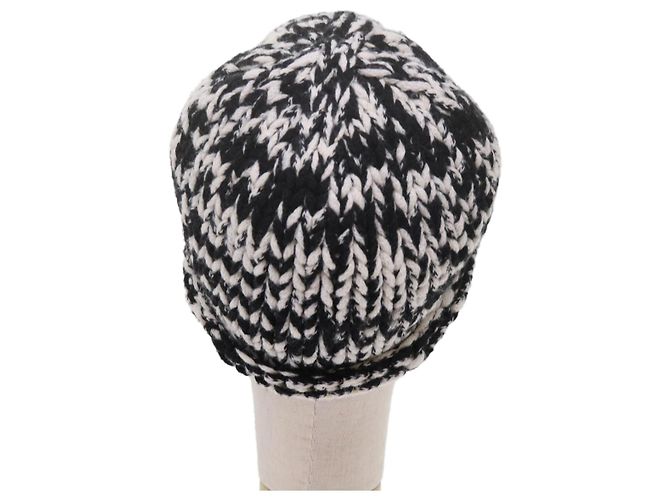 CHANEL COCO Mark Strickstoff Mütze Wolle Schwarz Weiß CC Auth am5382 - Ansicht 3