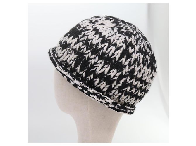 CHANEL COCO Mark Strickstoff Mütze Wolle Schwarz Weiß CC Auth am5382 - Ansicht 4