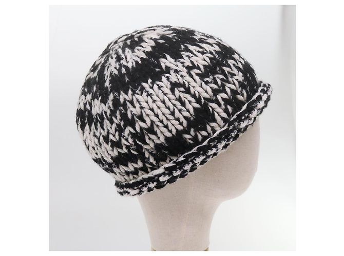 CHANEL COCO Mark Strickstoff Mütze Wolle Schwarz Weiß CC Auth am5382 - Ansicht 6