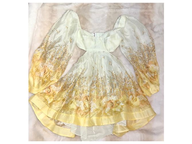 Zimmermann Saks Fifth Avenue Kleid aus Seide und Leinen Weiß Gelb - Ansicht 2