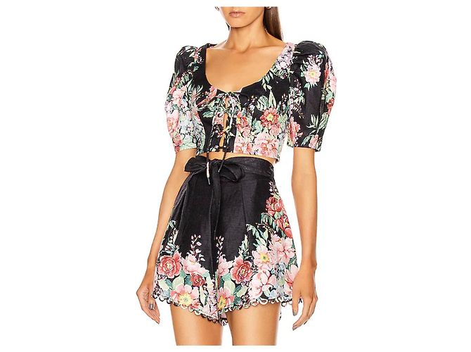 Zimmermann Conjunto de top cropped e shorts de renda. Preto Rosa - vista 2