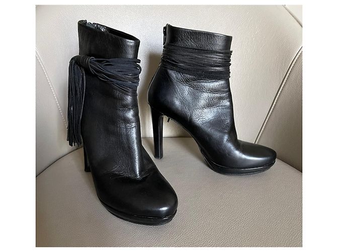 Autre Marque Stiefel oder schwarze Lederstiefeletten Größe 37,5 mit Knöchelriemen und Quaste. - Ansicht 7