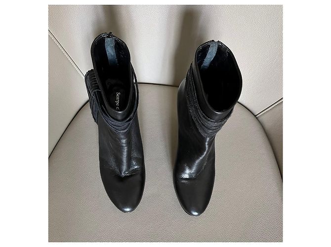 Autre Marque Stiefel oder schwarze Lederstiefeletten Größe 37,5 mit Knöchelriemen und Quaste. - Ansicht 8