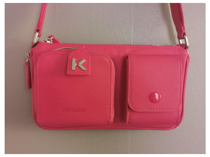 Borsa a tracolla Kenzo in pelle rosa corallo e jacquard Nero Bianco - vista 6