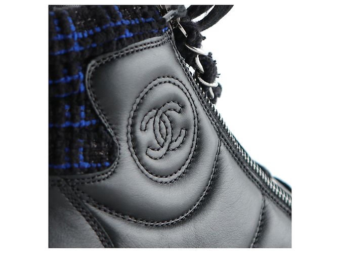 CHANEL - Sneakers alte in pelle nera e tweed (taglia 38,5) Nero - vista 5