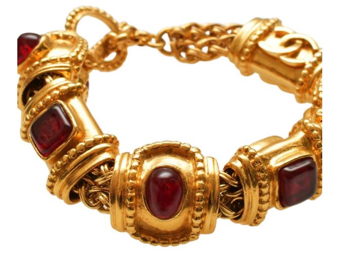 Bracciale vintage CHANEL super raro con catena placcata in oro e dettagli rossi in gripoix. D'oro - vista 2