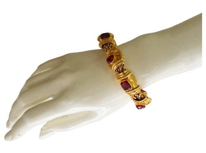 Bracciale vintage CHANEL super raro con catena placcata in oro e dettagli rossi in gripoix. D'oro - vista 6