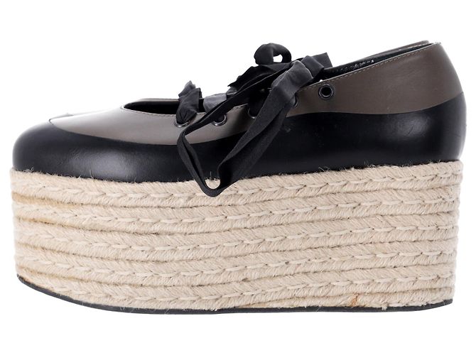 Espadrillas Marni con plateau stringate in pelle nera e grigia - vista 2