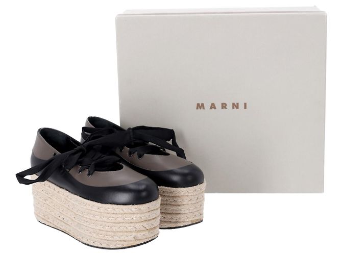 Espadrillas Marni con plateau stringate in pelle nera e grigia - vista 7