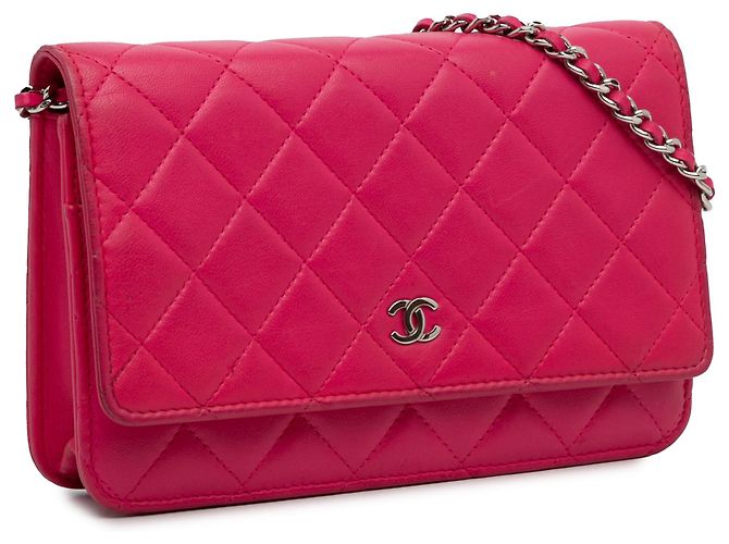 Wallet On Chain Portafoglio classico in pelle di agnello rosa Chanel con catena - vista 2