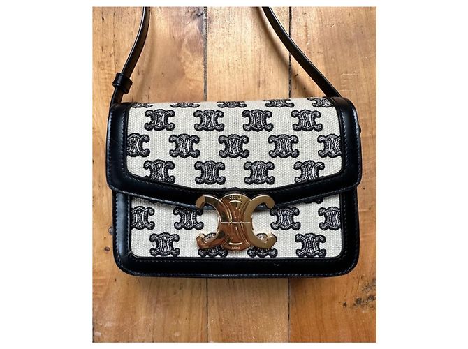 Borsa Céline Teen Triomphe Nera Bianca Pelle e Tela Nero Bianco D'oro - vista 2