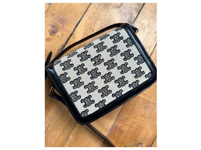 Borsa Céline Teen Triomphe Nera Bianca Pelle e Tela Nero Bianco D'oro - vista 4