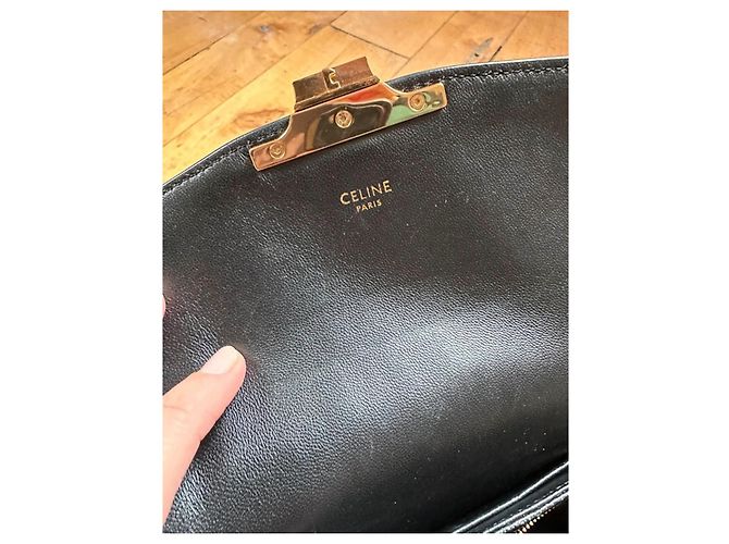 Borsa Céline Teen Triomphe Nera Bianca Pelle e Tela Nero Bianco D'oro - vista 5