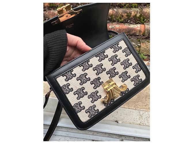 Borsa Céline Teen Triomphe Nera Bianca Pelle e Tela Nero Bianco D'oro - vista 7