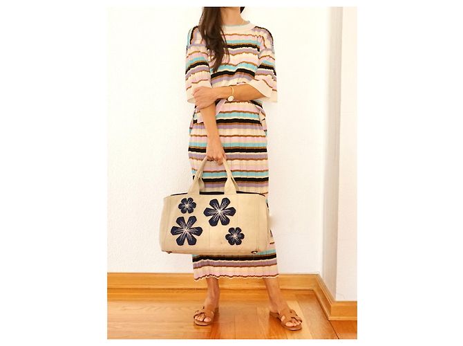 Borsa Tote Prada Canapa Blu Beige in Tela - vista 10