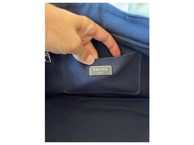 Borsa Tote Prada Canapa Blu Beige in Tela - vista 13