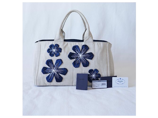 Borsa Tote Prada Canapa Blu Beige in Tela - vista 2