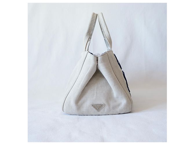 Borsa Tote Prada Canapa Blu Beige in Tela - vista 8